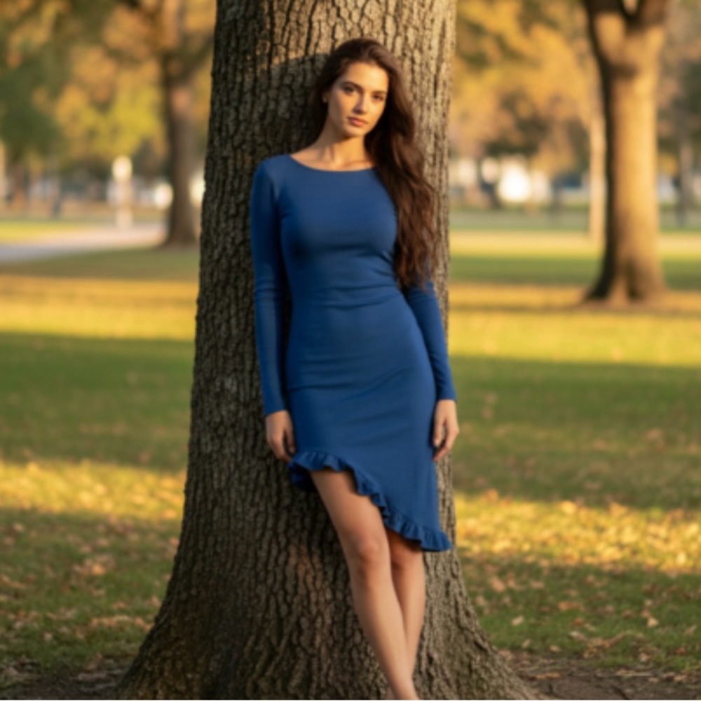 Susana Monaco Imperial Blue Long Sleeve Curved Ruffle Hem Dress